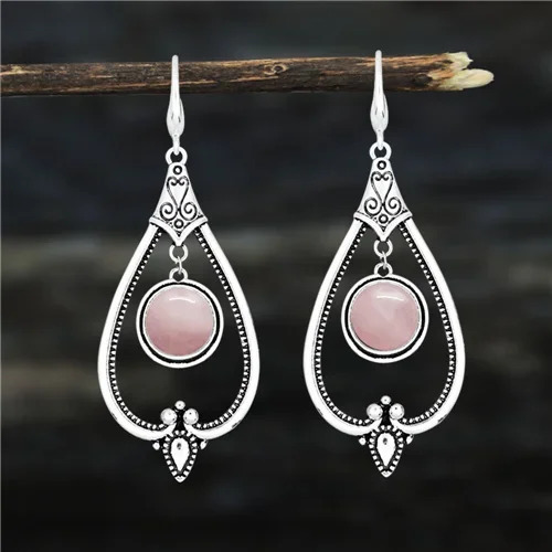 Round Pink Quartz Dangle Earrings For Women Tibetan Silver Natural Stone Lapis Lazuli Tiger Eye Fashion Pendant Earring