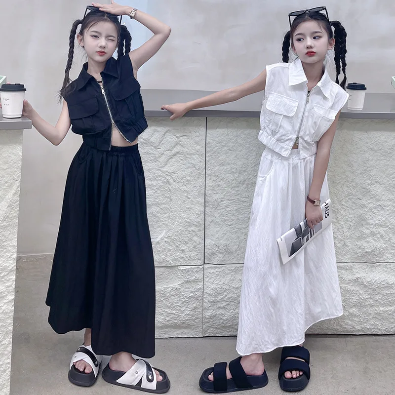 

12 14 casual teen girls skirt clothes sets short ZIP Sleeveless tops+High waisted long skirt 2pcs junior kids suit child outfits