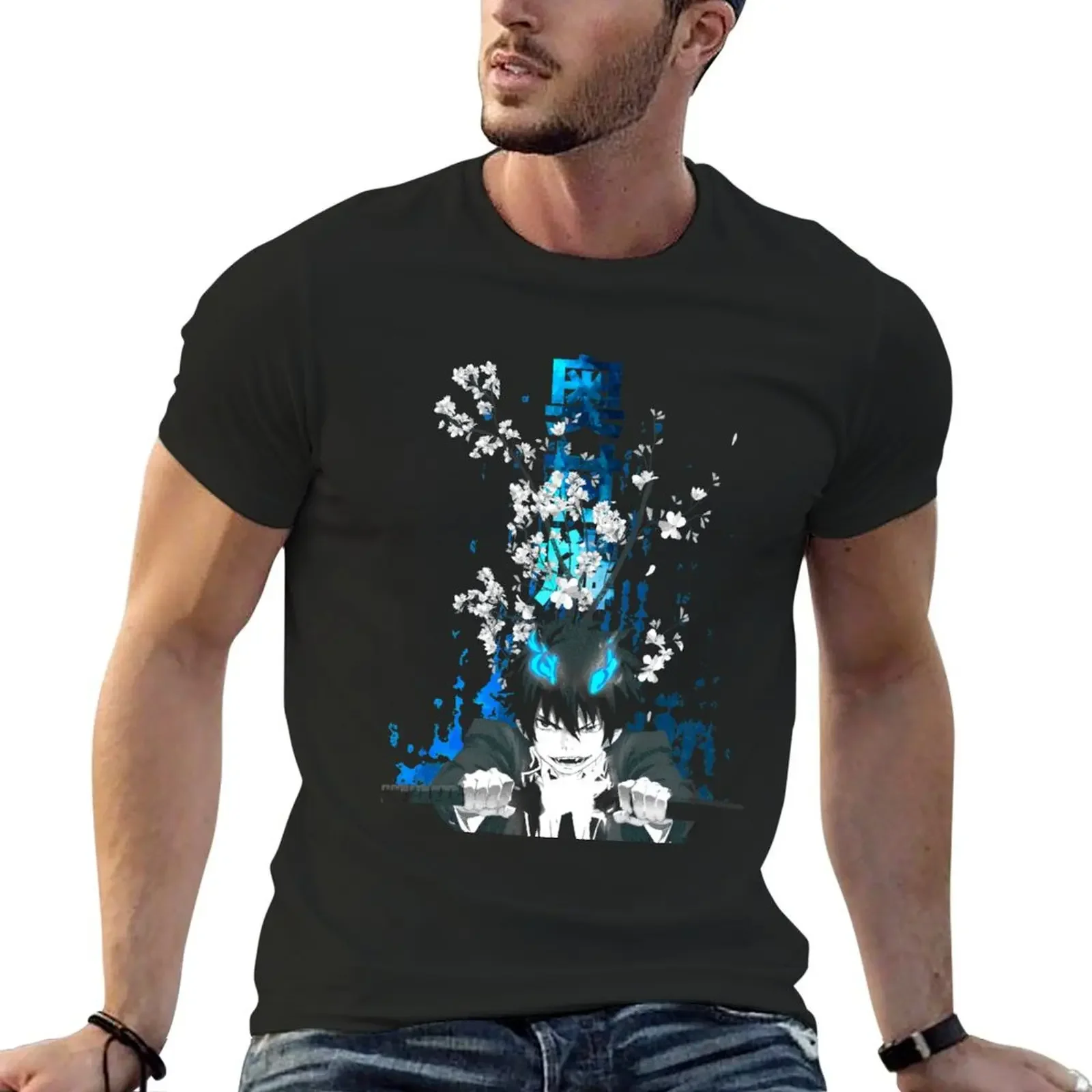 Sakura Landscape Blue Flame T-Shirt designer shirts vintage anime clothes black t shirts for men