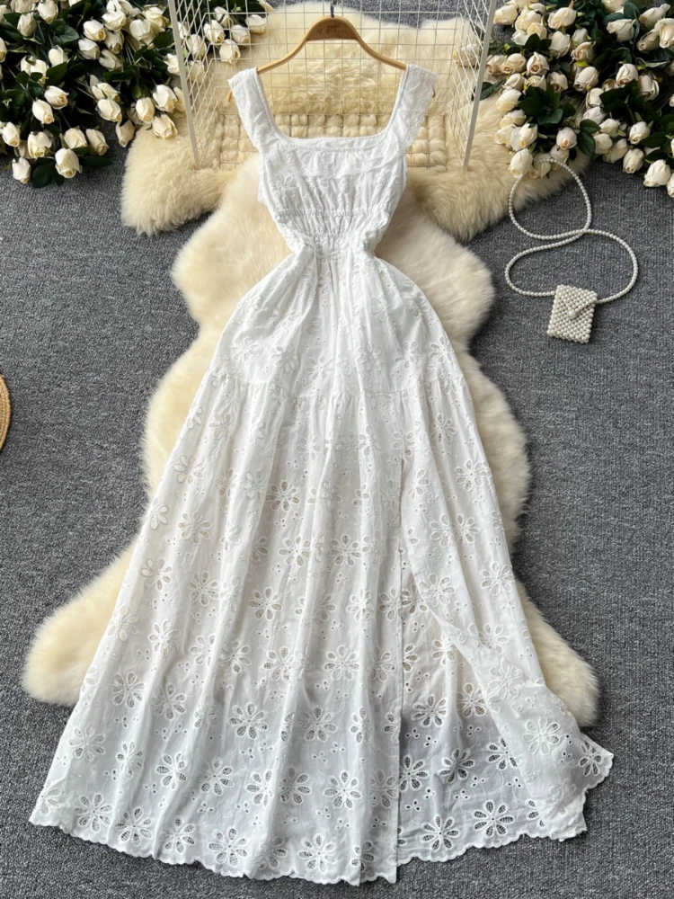 Summer White Beach Dress Women French Sweet Hollow Floral Embroidered Long  Dresses Ladies Slim Sexy Backless Long Robe Vestidos - AliExpress 200000345