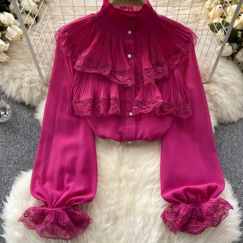 Elegant and Chic Women Fashion Pleated Shirts Long Sleeve Casual Slim Party Birthday Lace Tops Female Chiffon Blouses Camisas