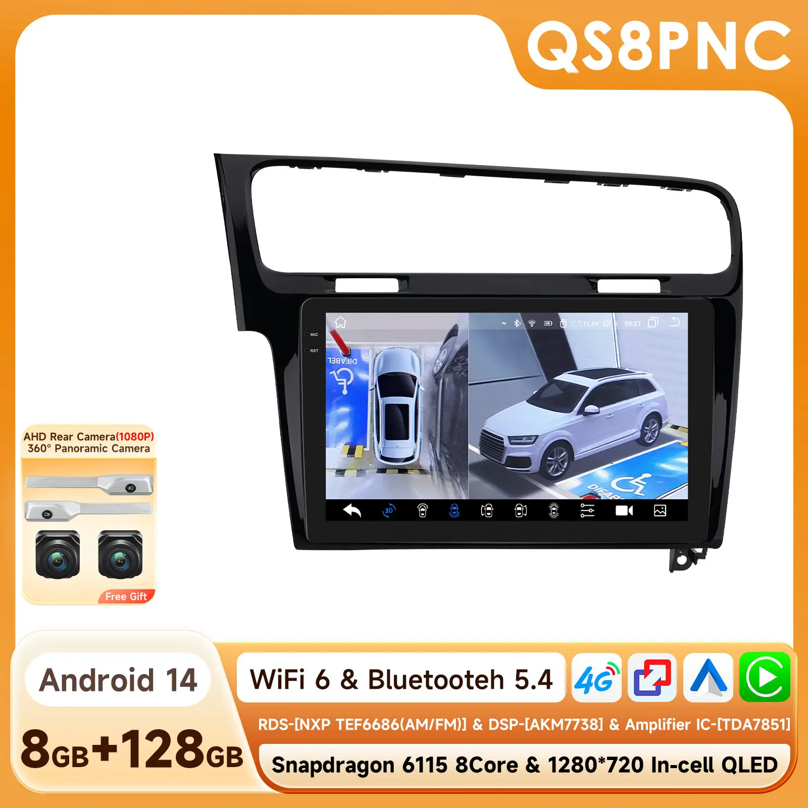 10.1 "Algpo 2Din Android Auto Autoradio voor Volkswagen VW Golf 7 2013-2017 Snapdragon 6115 GPS RDS DSP 4G BT CarPlay 360 ° CAM