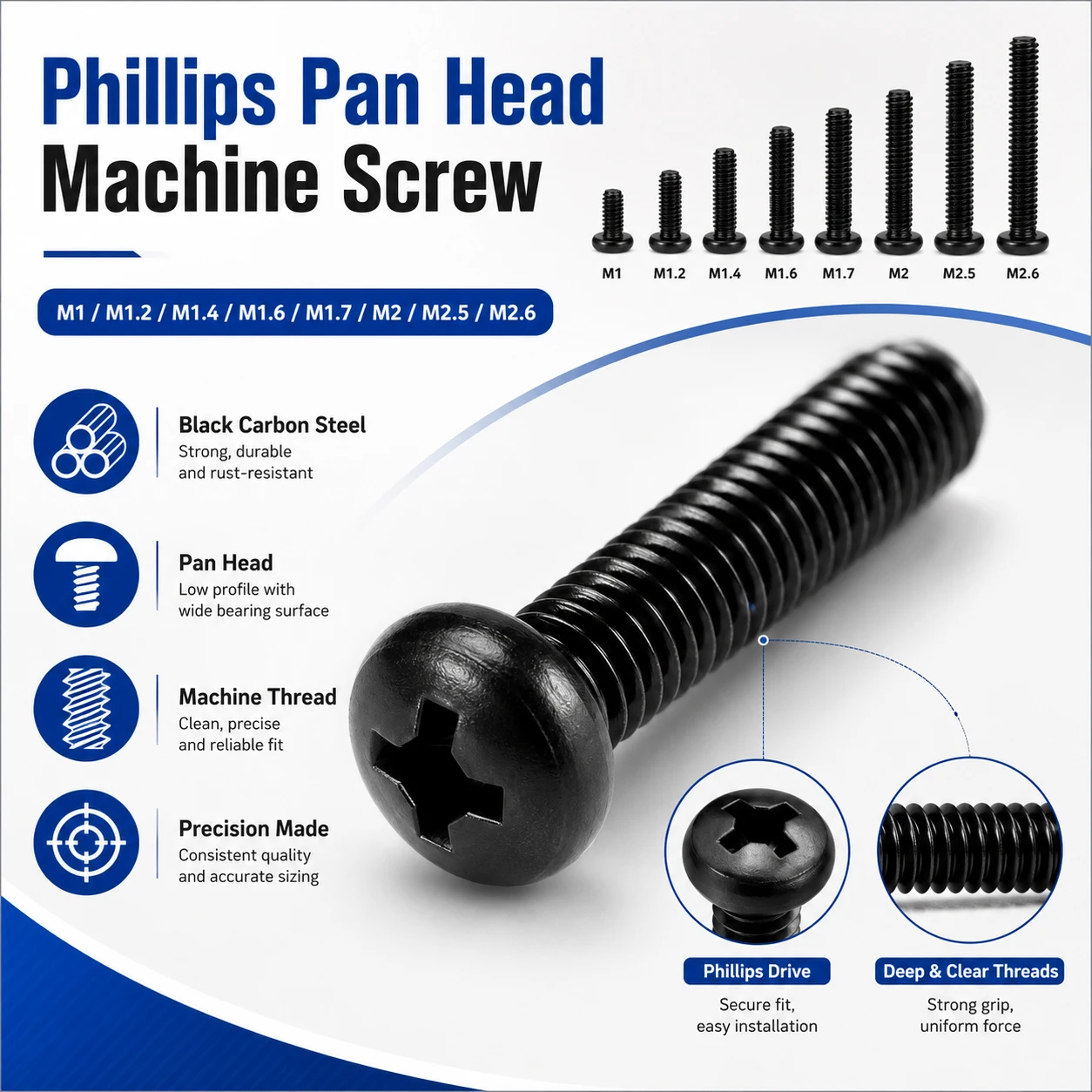 

100Pcs Cross Recessed Pan Head Screws, M1-M2.6 Carbon Steel Assortment Kit for Electronics, DIY & Precision Repair