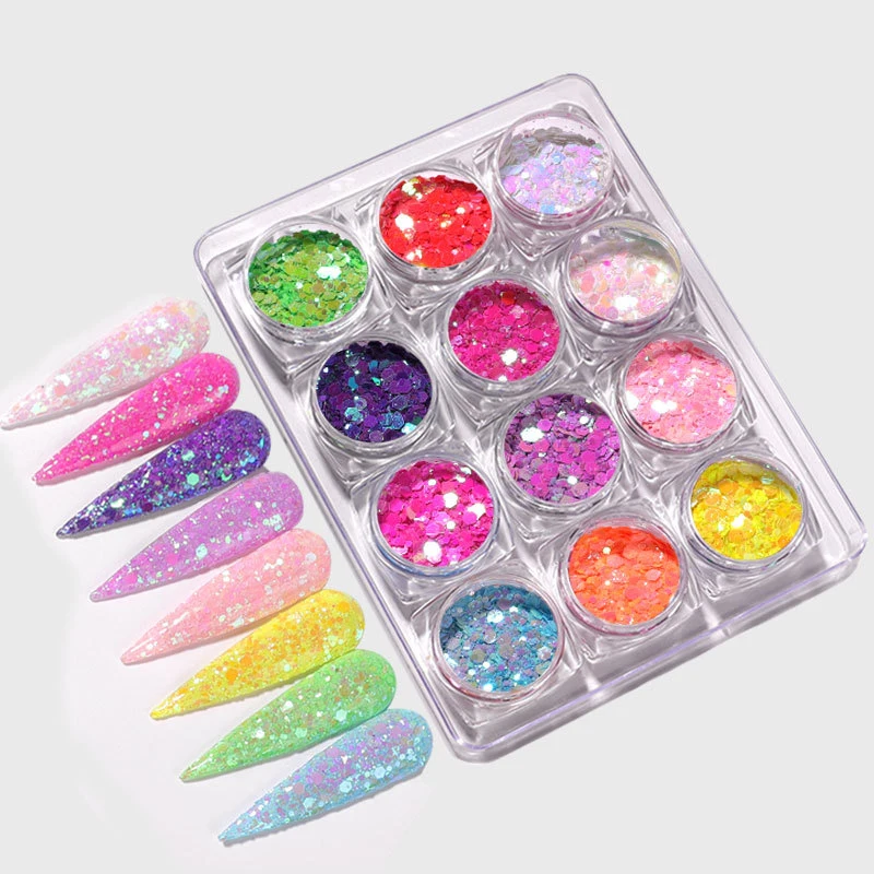 Juego de lentejuelas hexagonales de sirena para uñas, copos de purpurina de sirena de colores, tamaños mezclados, 0,2-3mm, 12 colores por kit