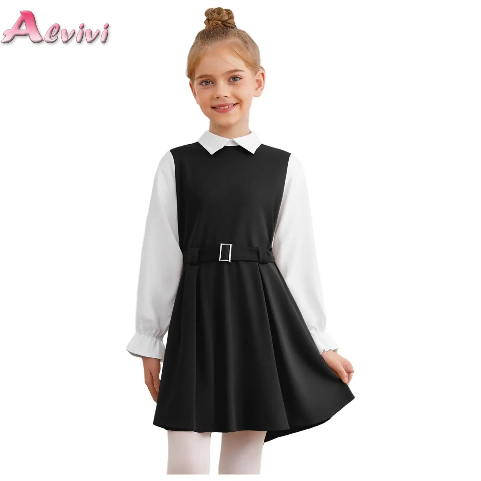 

6-16 Kids Girls School Uniform Turn-Down Collar Long Sleeve Back Invisible Zipper Color Block Pleated Dress with Adjustable Belt
