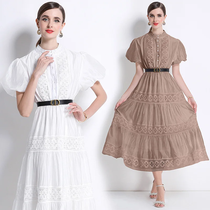 Long Lace Hollow out Bubble Sve round Ne Vintage Dr Spring Thiened Elastic Waist Other Material Dr Women's Faion