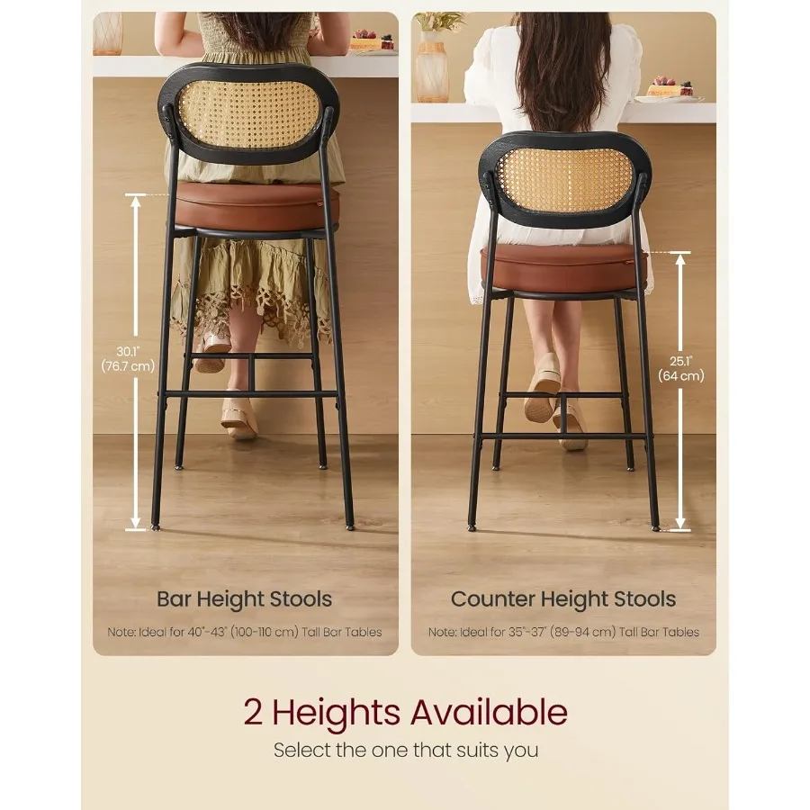 Bar Stools Set of 2 with Rattan Back and Metal Legs 30.1-Inch Tall Counter Chairs Modern Leather Upholstered Barstools for Kitc