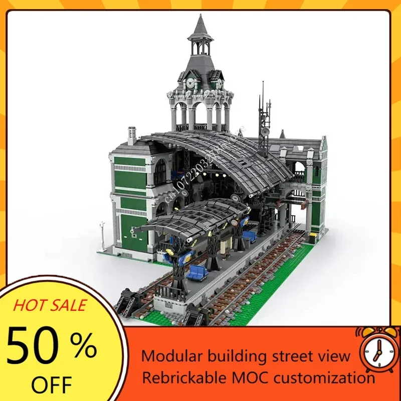 12597PCS MOC Modular European Railway Station Street view Building Blocks Model Technical Bricks DIY Assembly Kids Toys Gifts