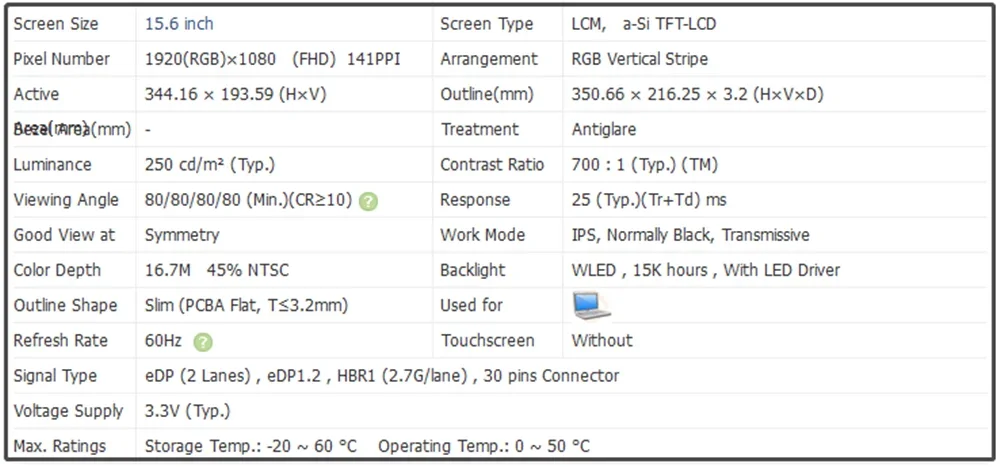 LP156WFC-SPD1 15.6 inch Laptop LCD Screen Panel FHD 1920x1080 141PPI EDP 30pins Slim IPS 60Hz 45% NTSC Non-touch