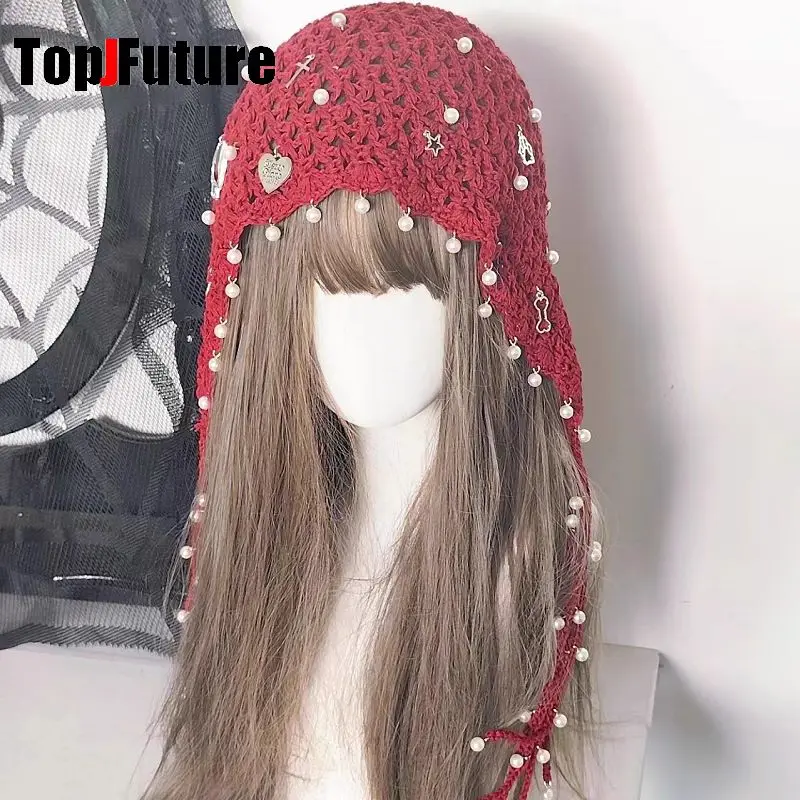 Women Harajuku Steampunk Y2K Gothic Girl Hat Skull Pear Slouchy Beanie Unique Cross Tassel Crochet Handmade Heavy Work Hat Knit