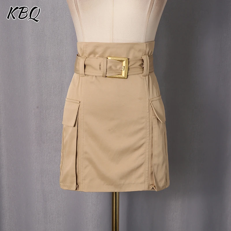 

KBQ Solid Spliced Belt Mini Skirts for Women High Waist Patchwork Pockets Design Sense Party Skirt Female Fashion Winter Style