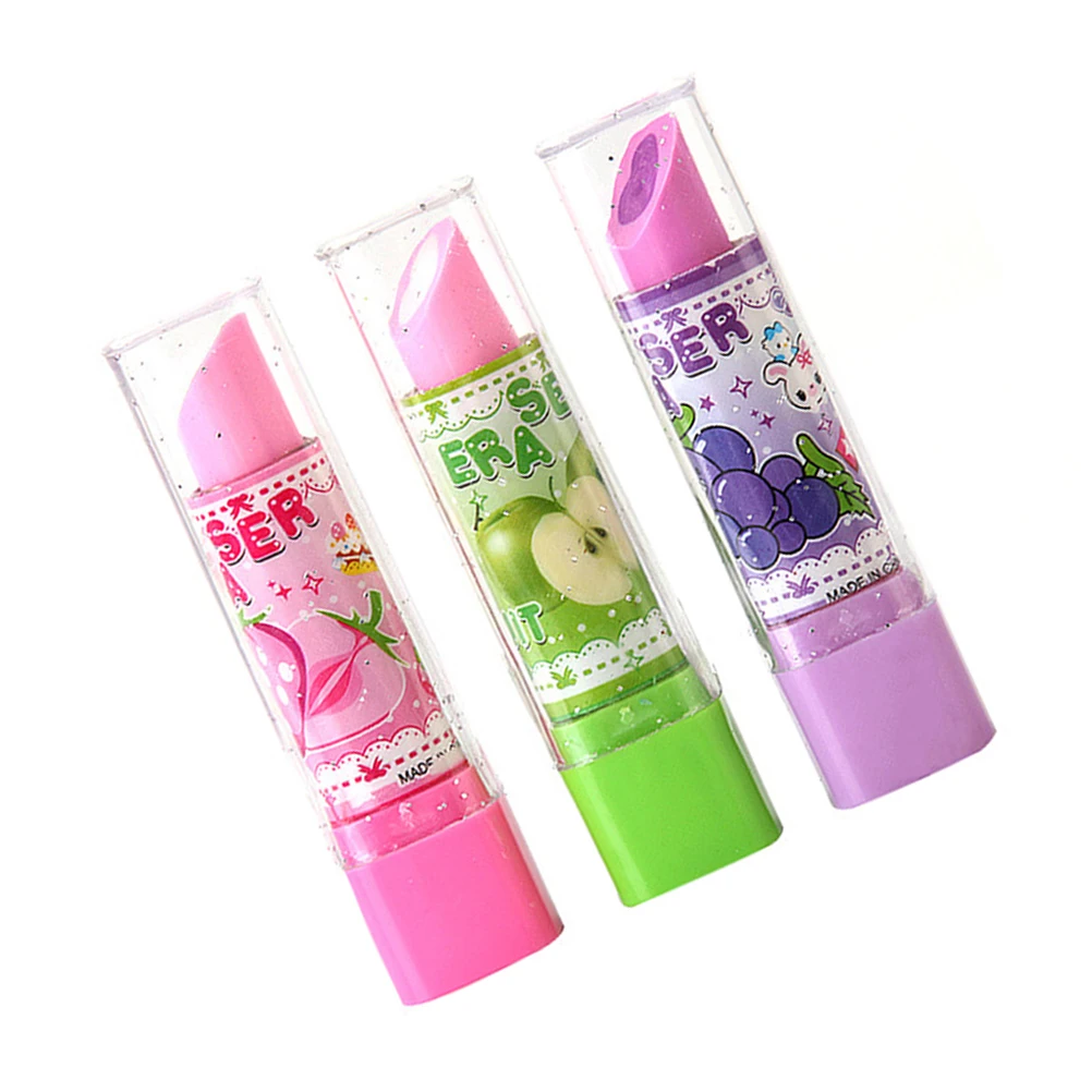 

10pcs Lipstick Eraser Fruit Pattern Novelty Cute Mini Creative School Stationery Supplies Child Friendly Safe Kids Study