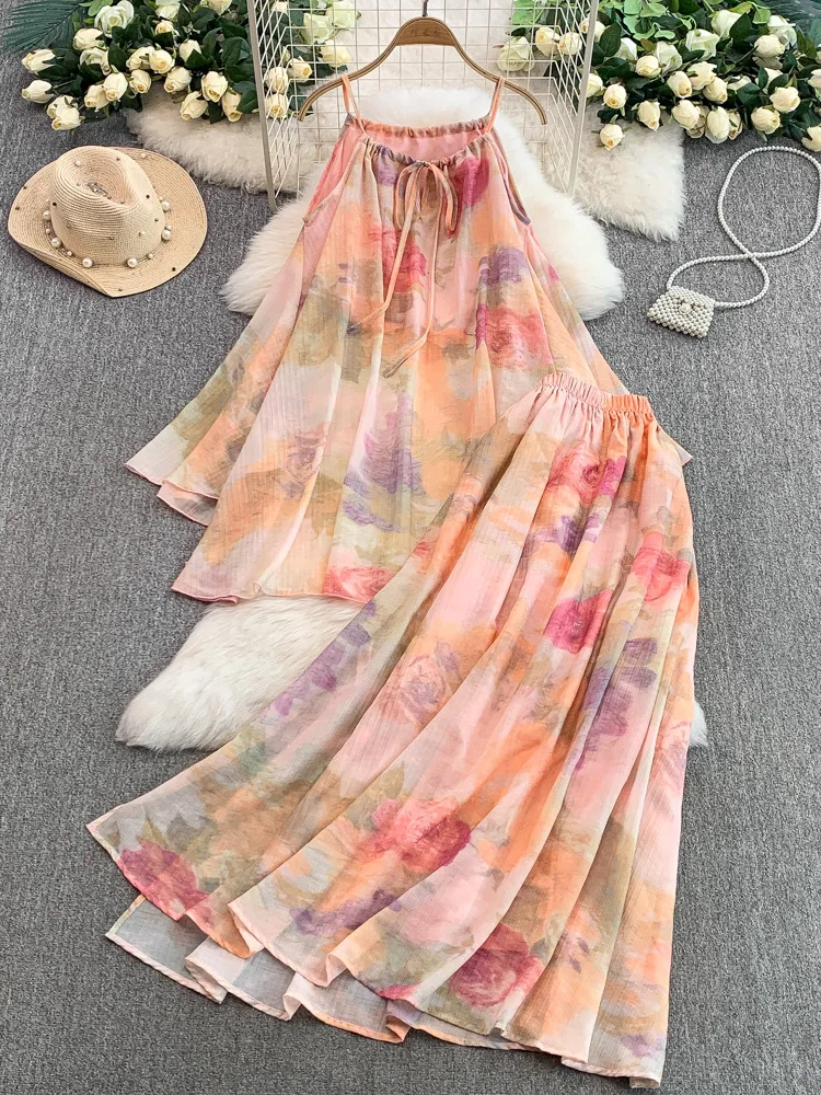 Conjunto de Falda y Csa con Estampado Romántico, Manga Campana, Cintura Alta, Falda Midi Evase de Media Longitud, Conjunto...