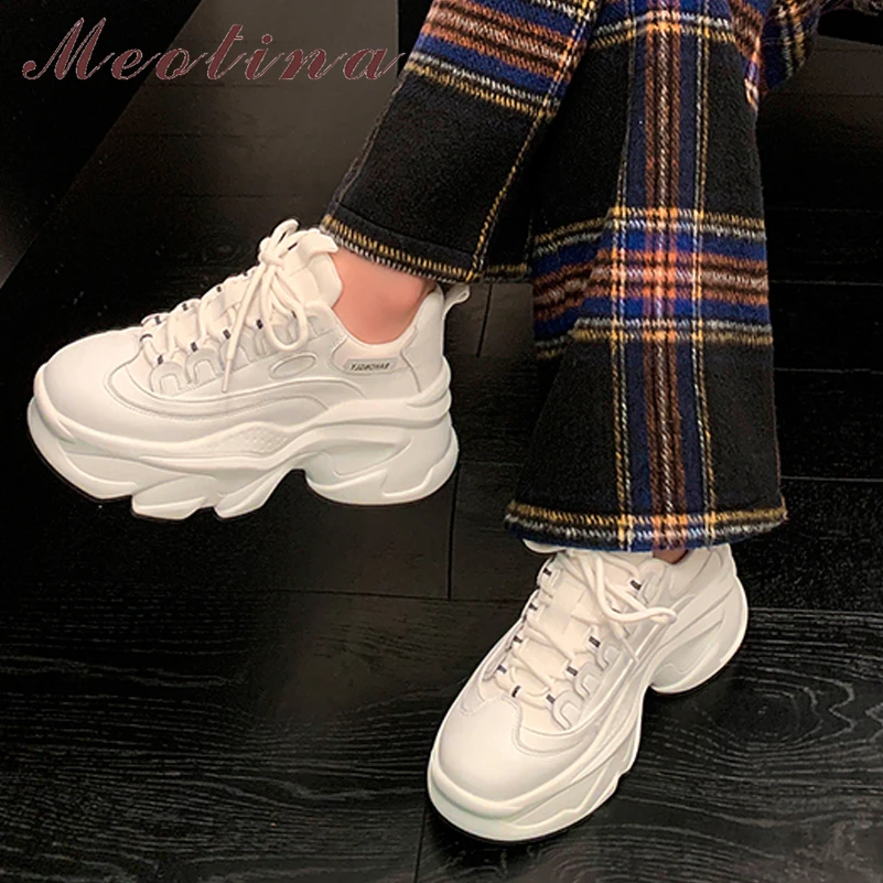 

Meotina Women Genuine Leather Round Toe Platform Sneakers Block High Heel Lace-up Ladies Fashion Casual Shoes Spring Autumn