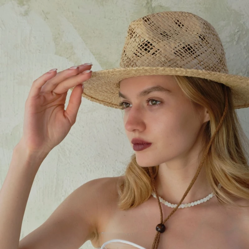 

Western Raffia Straw Hat with Wind Cord for Women Hollow Out Panama Fedora Hats Wide Brim Summer Beach Sun Visor Cowgirl Jazz