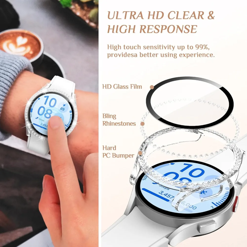 Bling Case for Samsung Galaxy Watch7 6 5 4 Screen Protector 40mm 44mm Accessories Diamond Protective Cover with Tempered Glass