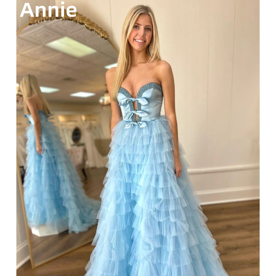 

Annie Sweet Glitter Bow Prom Dresses Strapless Tulle Multi-layered Evening Dresses Formal Occasions Party Dresses فساتين السهرة