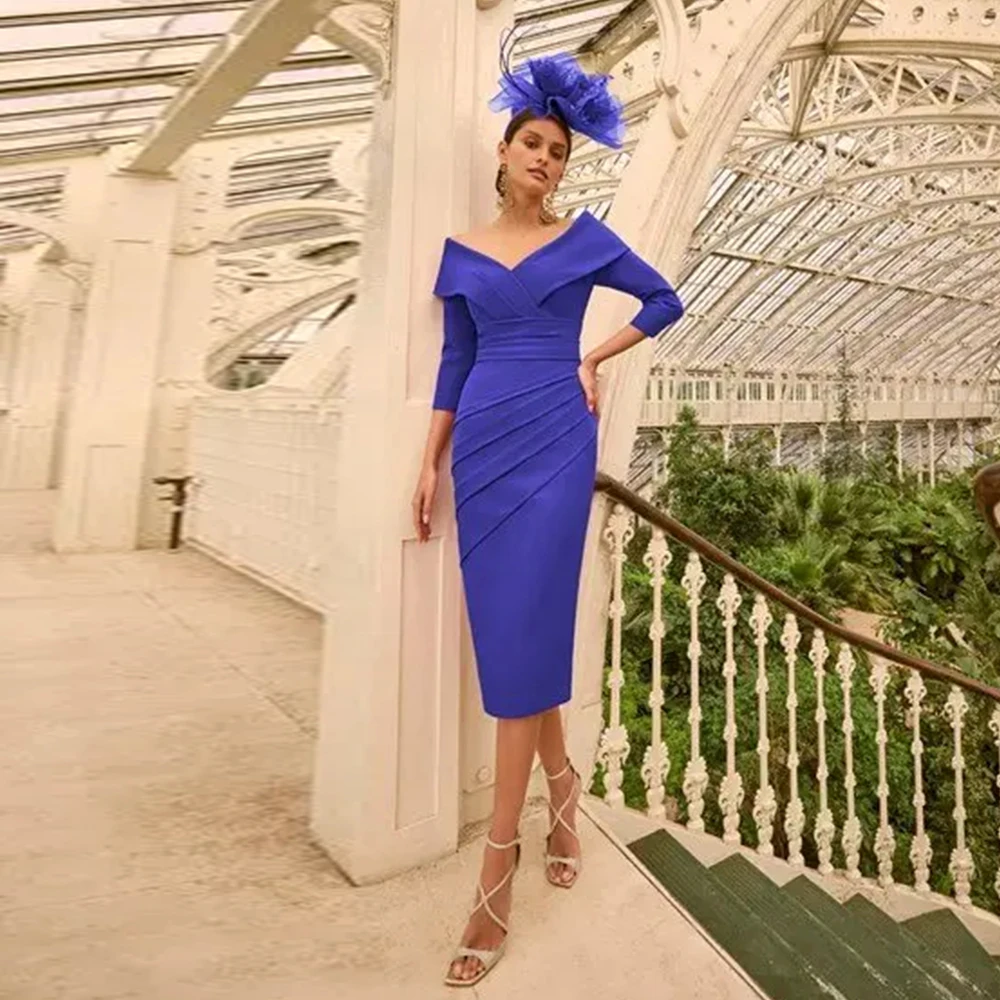 

Customized Simple Blue Mother of the Birde Dresses for Women Luxry Evening Dress V Neck 3/4 Sleeves Formal Prom Party Gowns