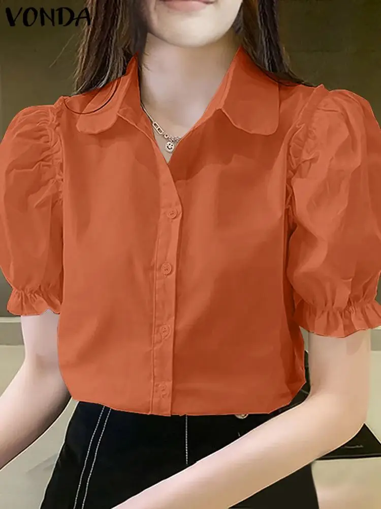 VONDA Tunic Fashion Tops Women Summer Shirts 2024 Casual Solid Color Blouses Short Puff Sleeve Lapel Loose Elegant Blusas Femme