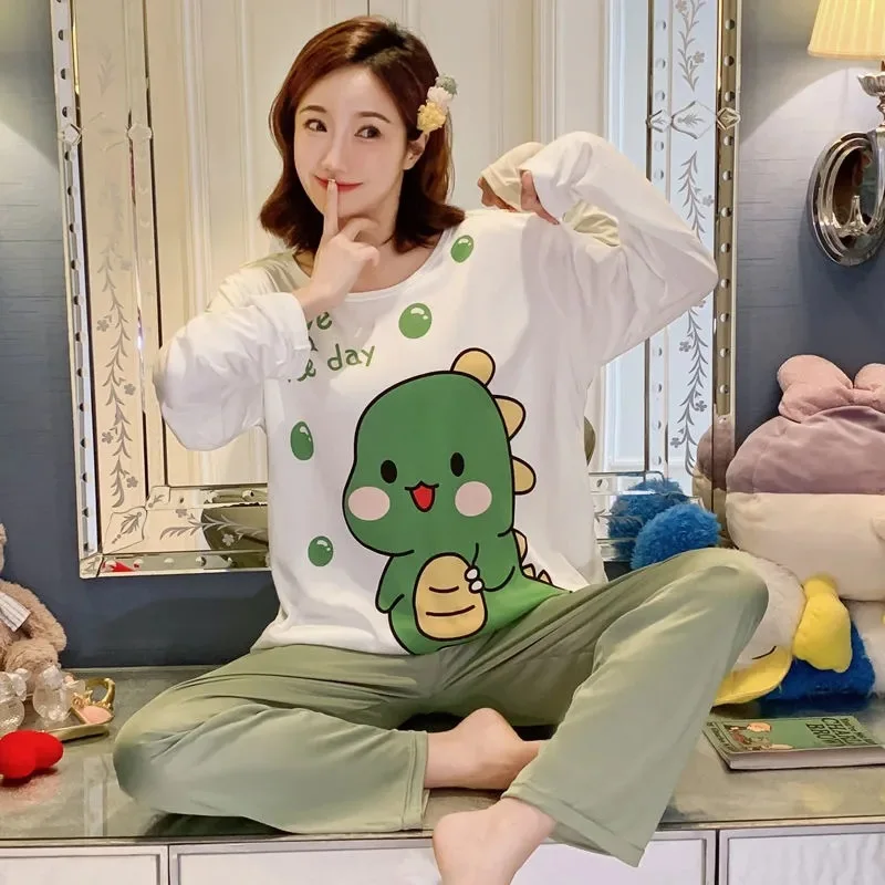 Large Size Long-Sleeved Pajamas Ladies O-Neck Loose Cartoon Dinosaurs Duck Easy to Wash Ruffled Sweet Homewear Kawaii Nightwear