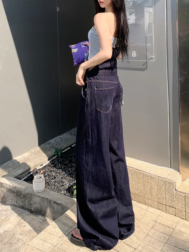 Damskie ogrodniczki jeansowe z szerokimi nogawkami, przeciwstarzeniowe, w kolorze głębokiego błękitu, luźny krój, jesień, moda, wysoki stan, błękitne szelki, długość do podłogi, jednoczęściowe.