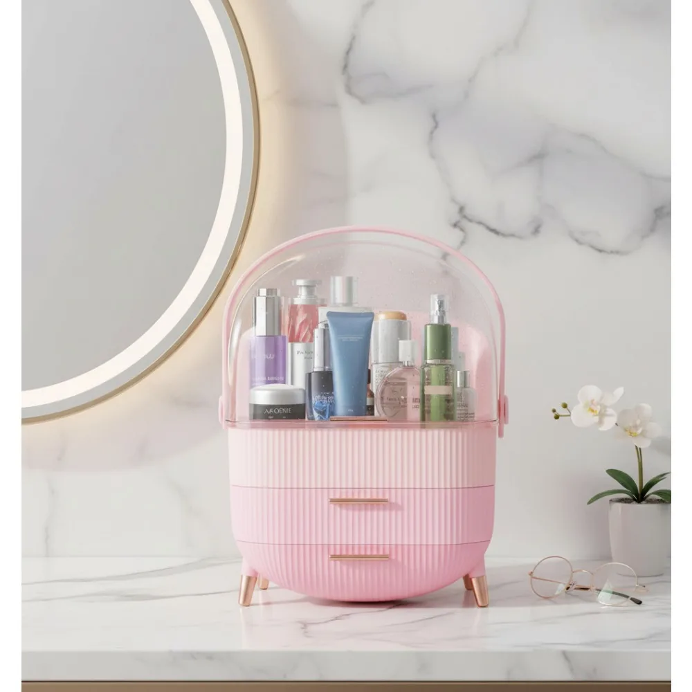 Triple Pink Makeup Organizer with Drawers, Large Capacity Cosmetic Storage Case for Skincare Jewelry Display