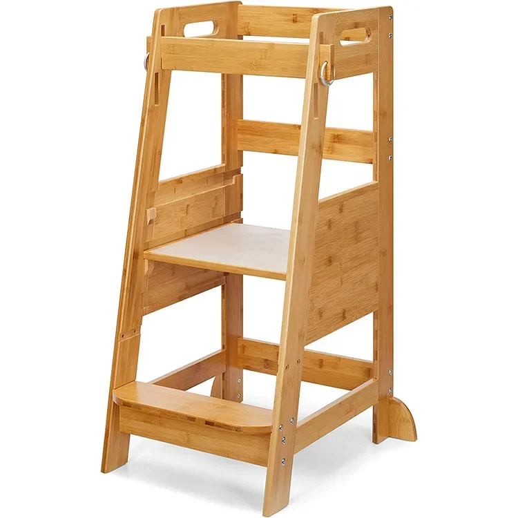 

Natural bamboo toddler step stool kitchen standing study stool 3 Height adjustable helper tower non-slip mat