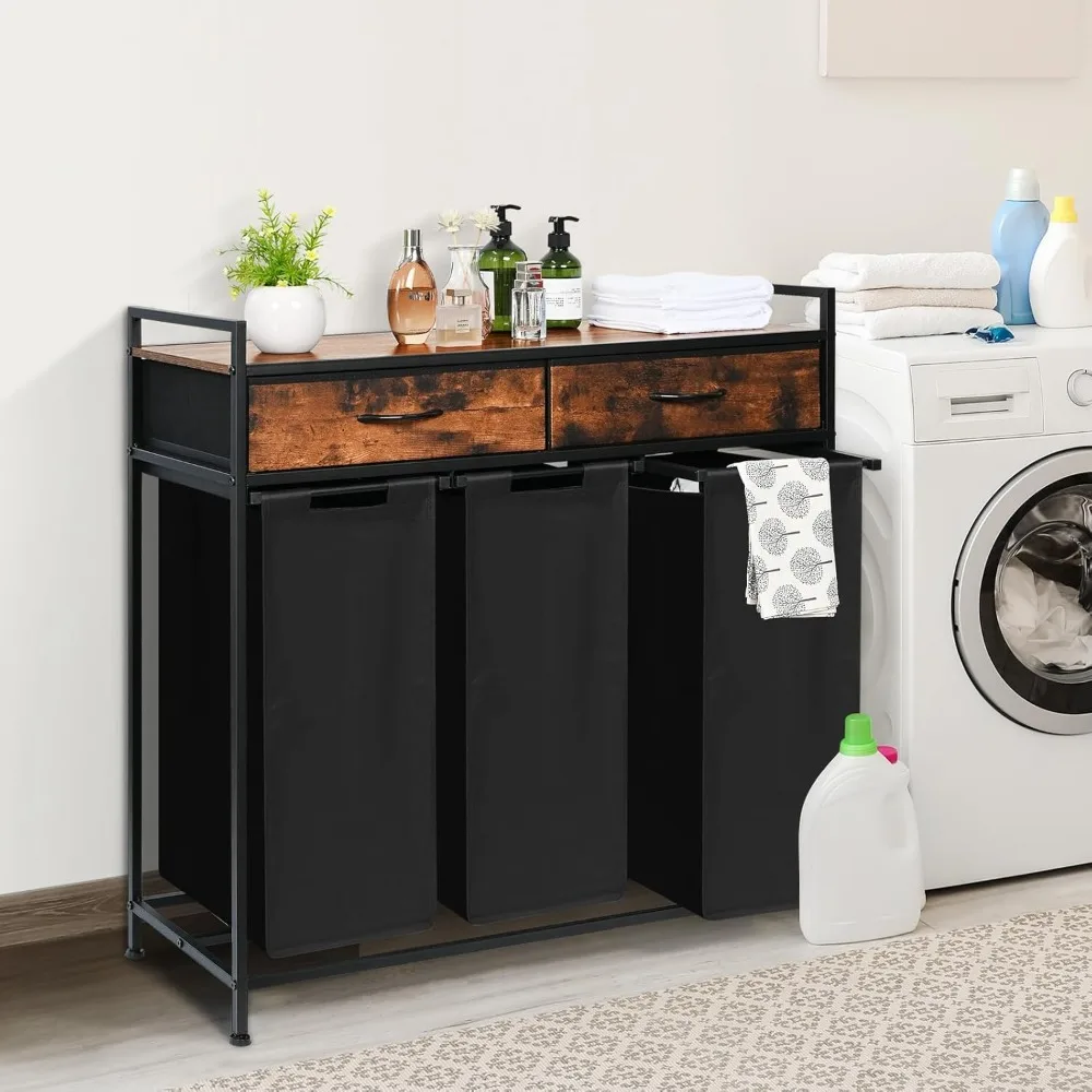 Laundry Sorter 3 Section, Laundry Hamper with Shelf and 2 Drawers, 180L Laundry Basket, Cart, Pull-Out and Removable