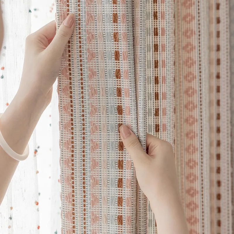 Fair Island dopamine curtain stripes colored cotton linen jacquard girl boy bedroom new style cream style