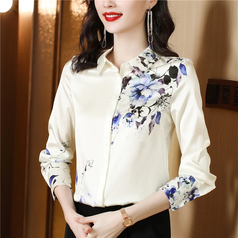 

Unique WomenClothing Silk Ink Print Shirt High-End Fashionable Chiffon Long Sleeve Top Early Spring Design