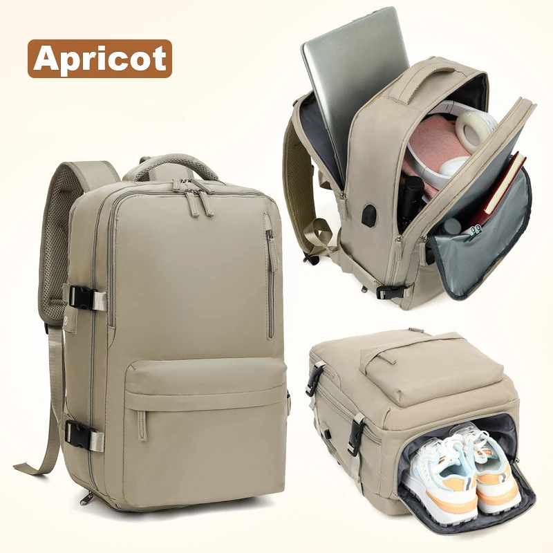 Zaino da viaggio multiscomparto color albicocca Organizzatore di grande capacità con tasca per laptop Scomparto per scarpe Zaino per bagagli da lavoro