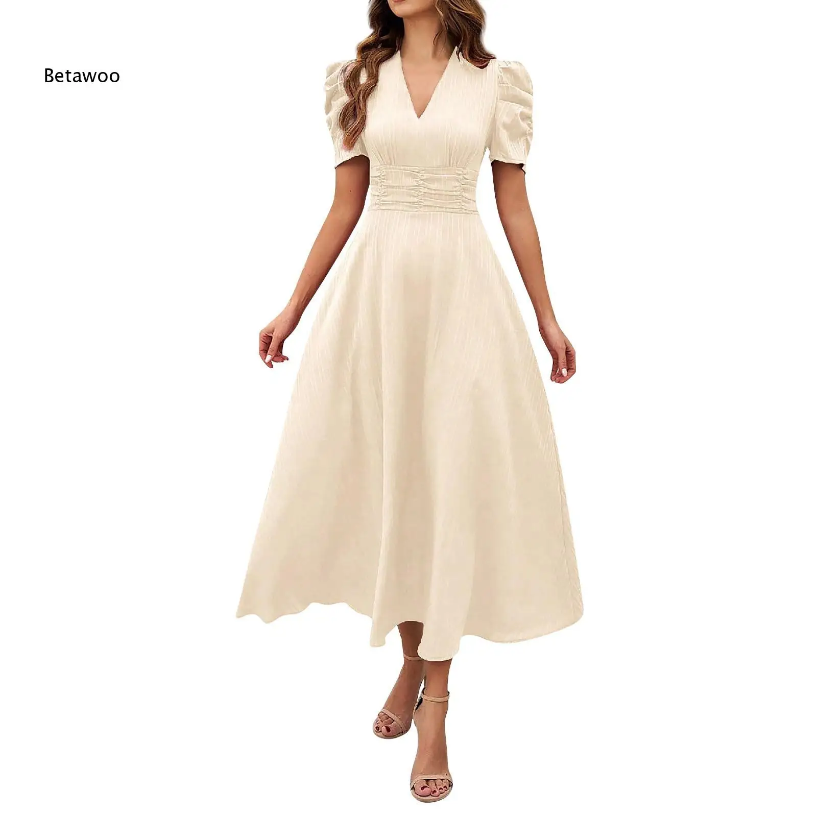 Light Textured Midi Sundress V Neck Bubble Short Sleeve Ruched Waist Swing Hem Beige Daily Wedding Dress