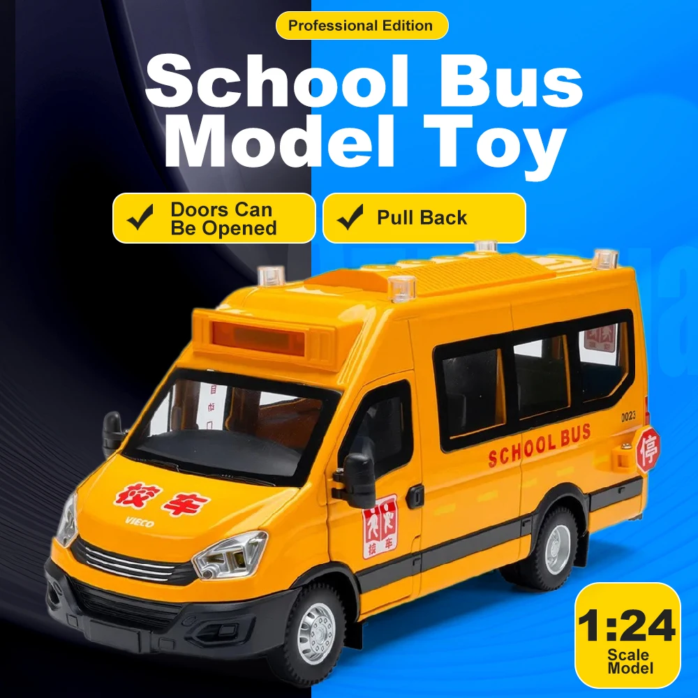 

1:24 School Bus Cars Toys Models Alloy Diecast Doors Opened Wheel Steering Miniature Ambulance Vehicles Models Indoor Display