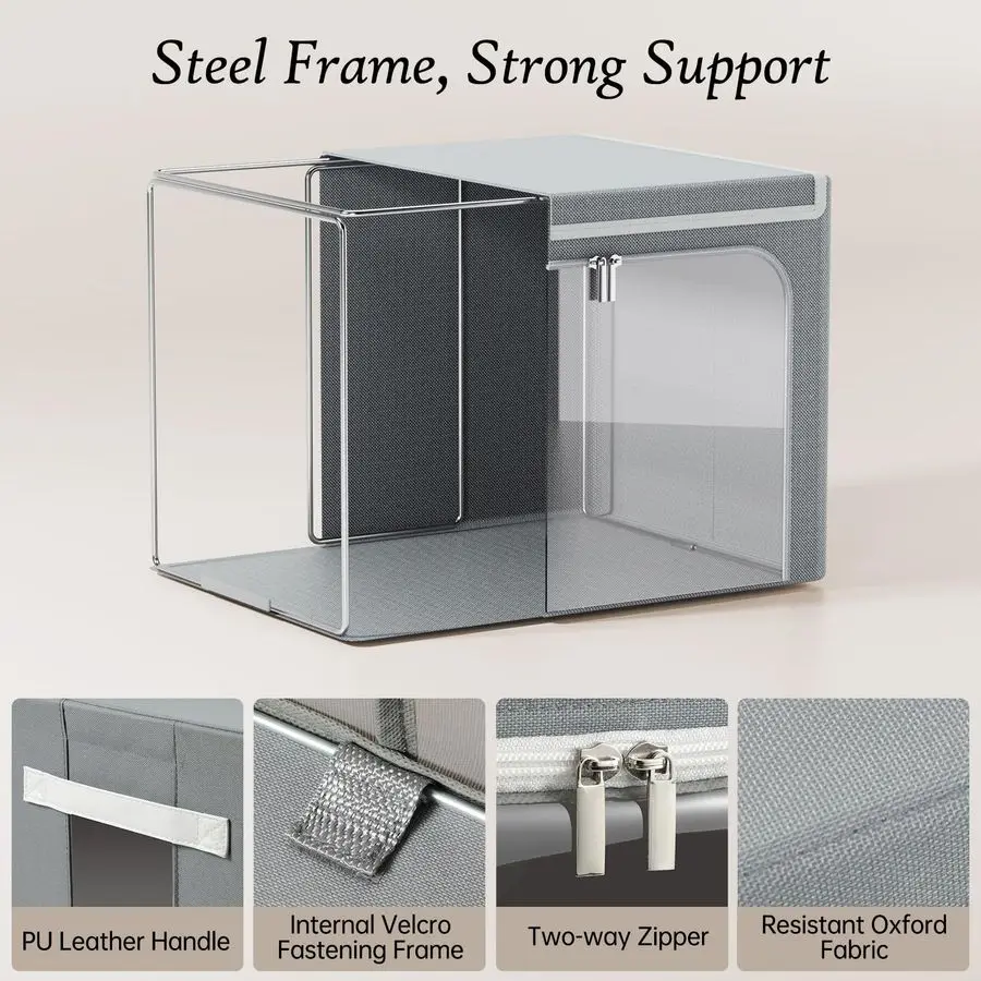 Clothes Storage Bins with Metal Frame, 40L Foldable Clothing Storage Bins with Lid, Stackable Zippered Clothes Storage Bags, Oxf