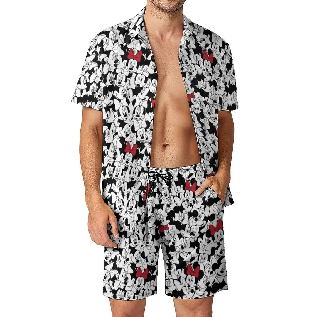 Disney Minnie Button Up Conjunto de camisa e shorts para homens e mulheres, havaiano, vintage, casual, tábua, verão, crianças, 2022, conjunto de 2