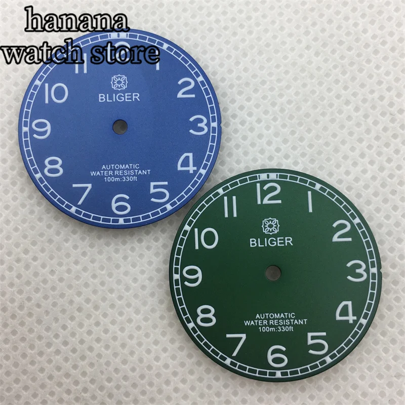 BLIGER 29mm Black green blue luminous dial with NH34 NH35 NH36 ETA 2836 2824 Miyota 8205/8215/821A Pearl DG2813/3804 movement