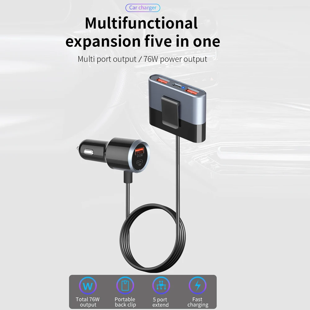 

Car USB Charger PD 76W 5 Port Quick Charge 3.0 Universal Type C Fast Charging For iPhone Huawei Smartphone Type C Car Charger