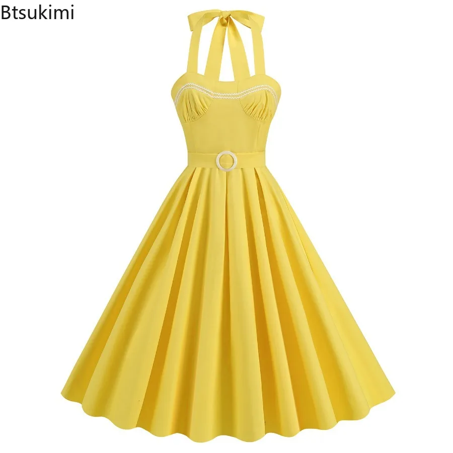 2025 Vintage Casual vrouwen Sexy Strapless Grote Swing Jurk Polka Dot Print Geel Mouwloze Zomerjurk Rockabilly Feestjurk