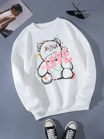 LOVE 테디 베어 프린트 스웨트 봄 여성 캐주얼 편안한 풀오버 따뜻한 의류 느슨한 Crewneck 양털 여성 후드