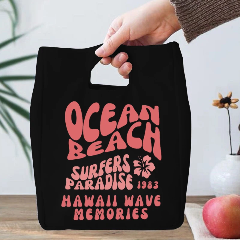 Beach Floral Design Lunch Box Storage Bag Women Hibiscus Flower Letter Print Portable Bento Bags Ocean Beach Lover Lunch Bags