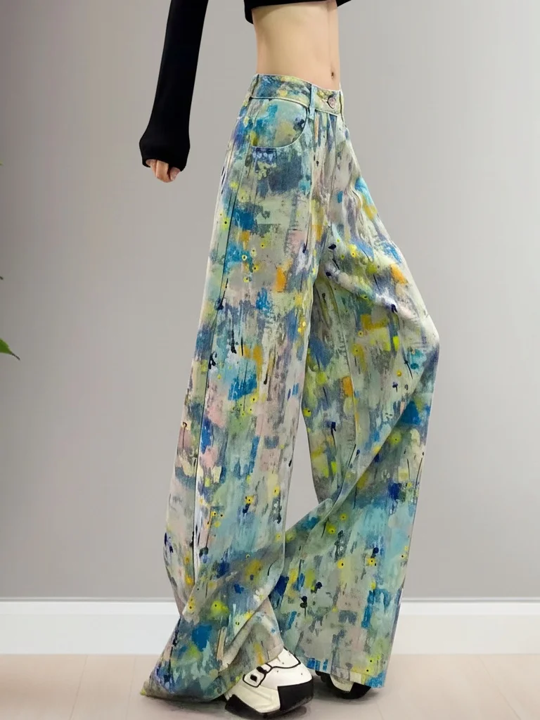 

Summer Printed Wide Leg Jeans Loose Fit High Waist Casual Style Multi Pocket Denim Pants Adult Women's Fashion 2026