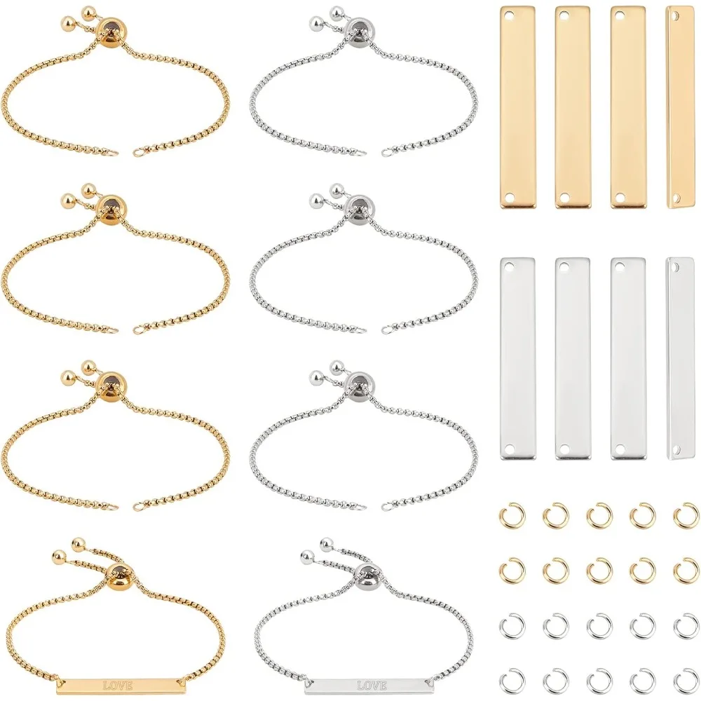 2 ألوان 8 مجموعة أساور قابلة للنقش لتقوم بها بنفسك عدة بما في ذلك مستطيل منقوش علامات فارغة وصلات موصلات 24 سنتيمتر 304 الفولاذ المقاوم للصدأ