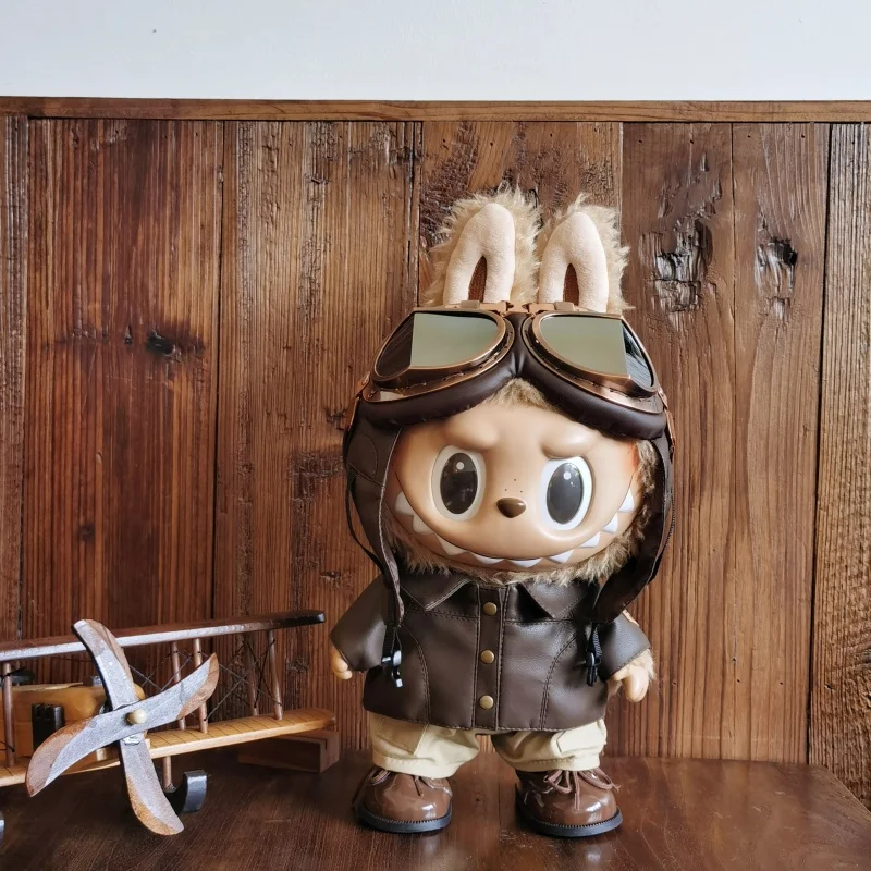 

For 38cm Labubu Clothes Feference Original Pilot Baby Robb Black Leather Summer Spring King's Wear