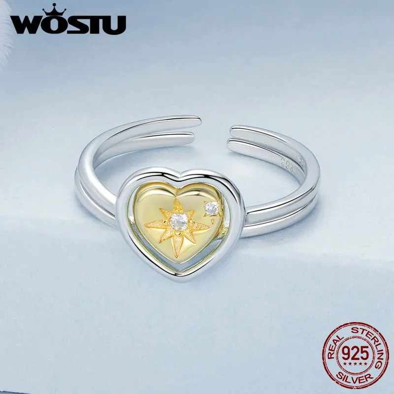 WOSTU Original 925 Sterling Silver Heart Joint Ring 18K Gold Plated Finger Ring For Women Lover Ring Fine Jewelry Dating Gift