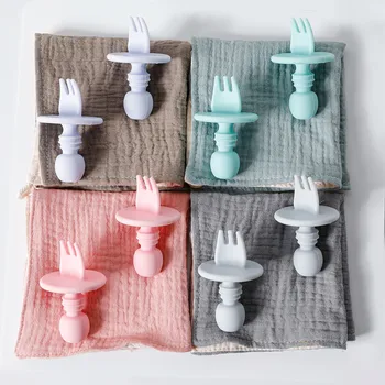 Bambini per uso alimentare Manico in legno Cucchiaio forchetta in silicone Posate Addestramento per bambini Cucchiaio per alimenti complementare Forchetta per cucchiaio per alimentazione del bambino