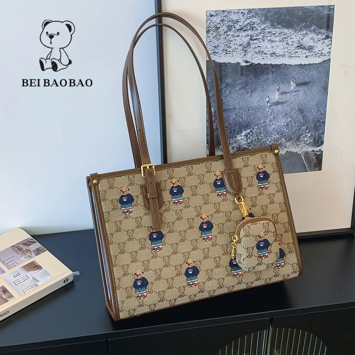 Beibaobao Embroidered Bear Tote Bag Women's Summer 2024 New Large Capacity Shoulder Bag Cartoon Tote Bag  Bolso de mujer