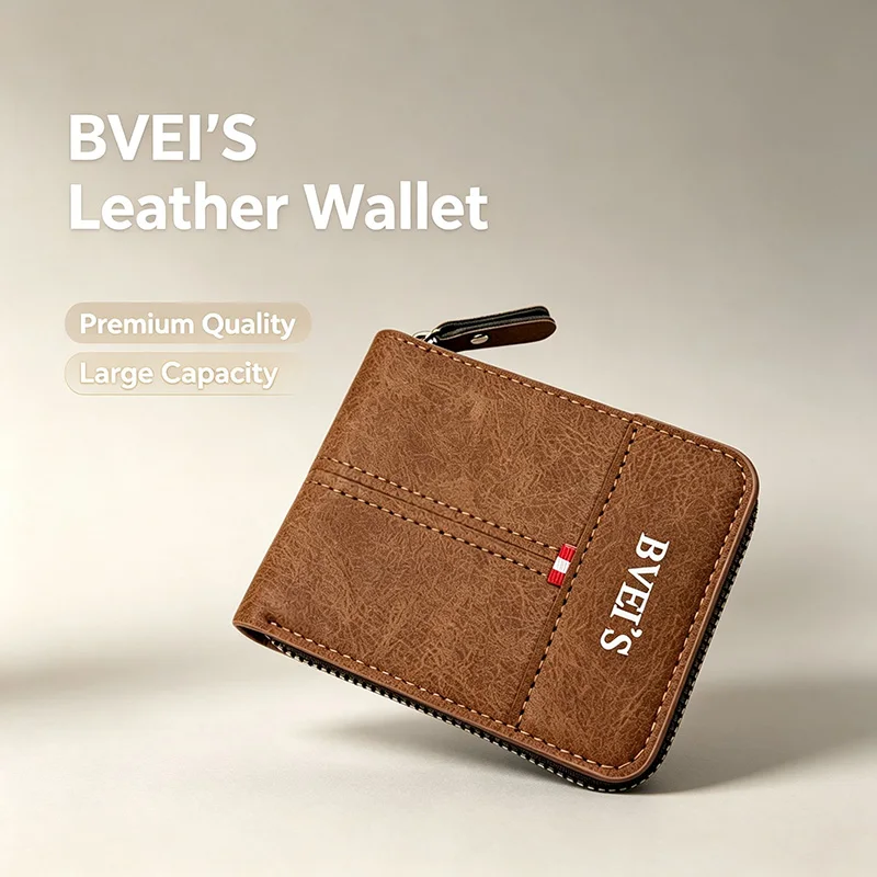 Daily Use Foldable PU Leather Men's Wallet Short Style Zipper Coin Purse Retro Casual Two-tone Color Wear Resistant
