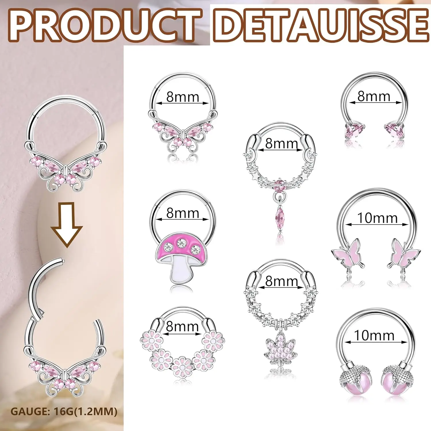 Drperfect 8 Stück Septum-Ringe 16G Chirurgischer Edelstahl Septum-Nasenringe für Frauen Rosa Septum-Piercing Clicker Nasenpiercing – Detail 1