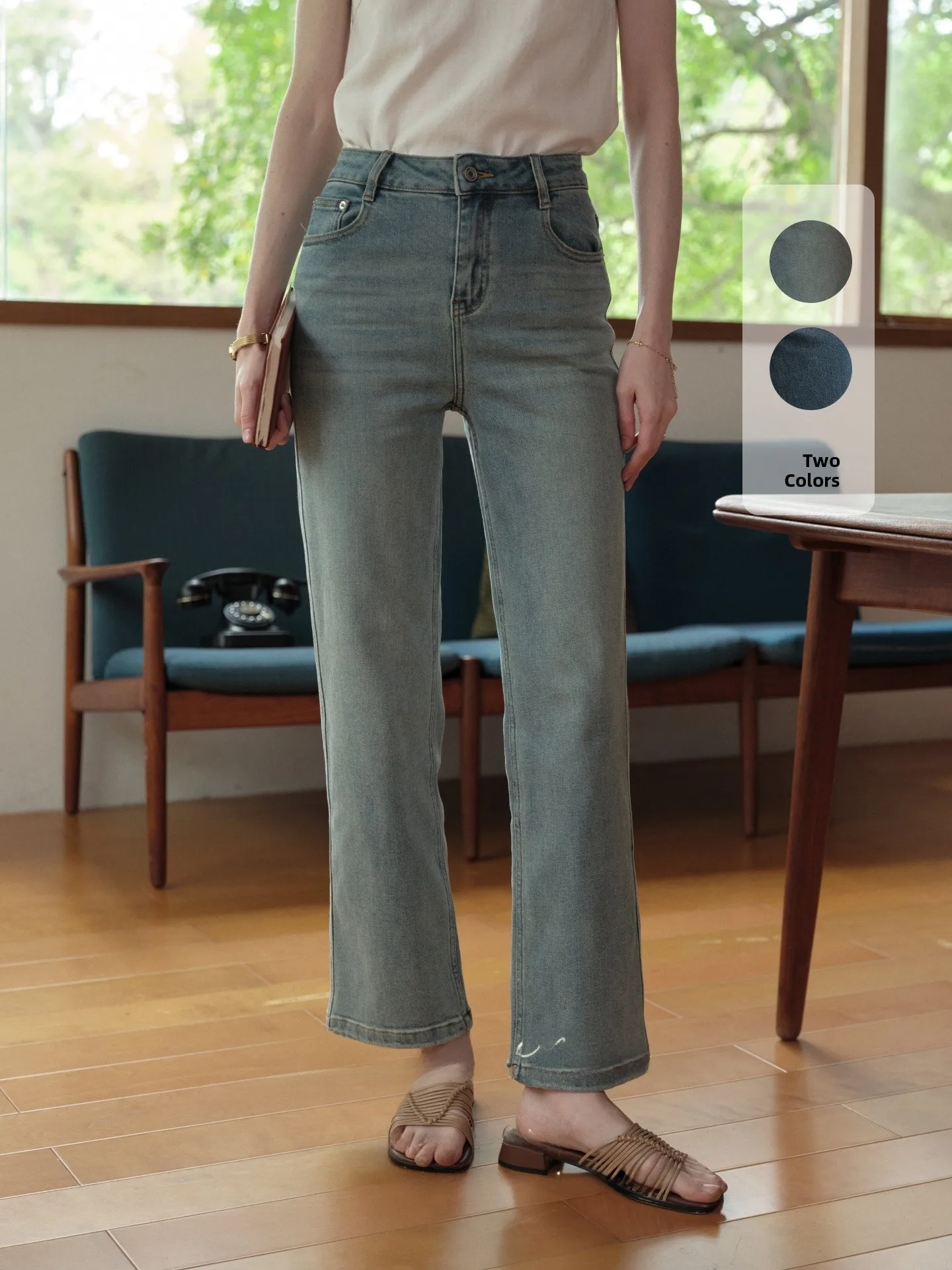 

Retro High Waist Straight Leg Denim Jeans Women's Elastic Color Block Casual Long Pants Versatile Comfortable All Season Wear
