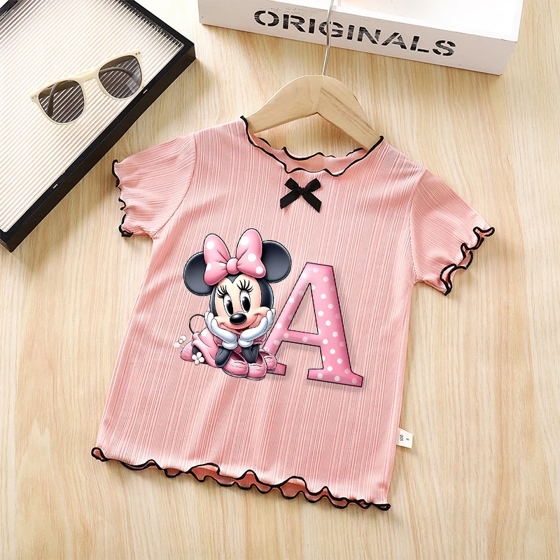 

Disney Minnie Mouse Girl Ice Silk Shorts Sleeve T-shirt Base Shirt Summer Wear Toddler Simple Tees Solid Color Crewneck Tops